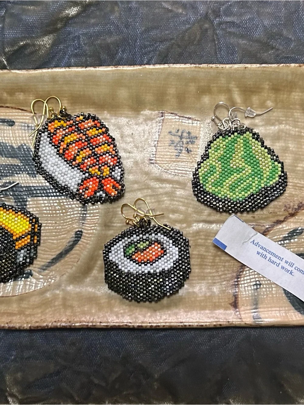 Handmade Beaded Sushi Earrings in Green, Orange, Black